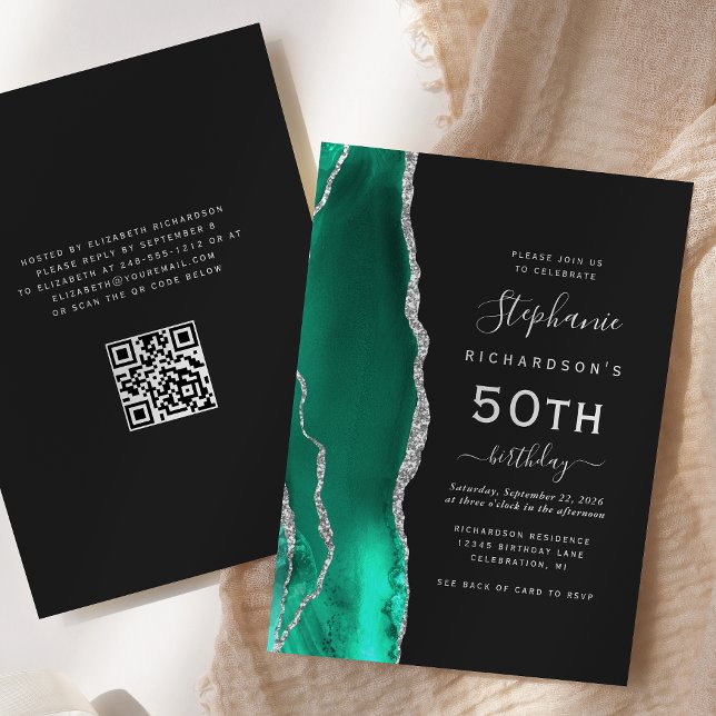 Invitation Code QR Agate Vert Mousse Argent 50e Anniversaire (Créateur téléchargé)