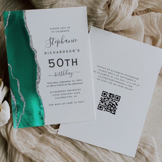 Invitation Code QR Agate Vert Mousse Argent 50e Anniversaire (Créateur téléchargé)