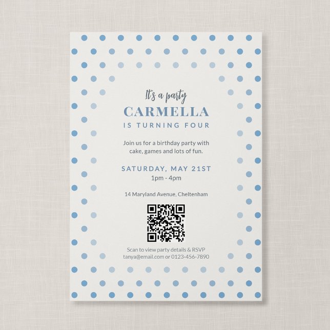 Invitation Code QR Anniversaire French Blue à pois (Blue Polka Dot - QR Code Birthday Invitation)