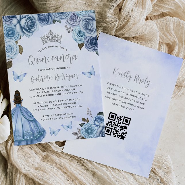 Invitation Code QR aquarelle florale argent bleu Quinceañera (Créateur téléchargé)