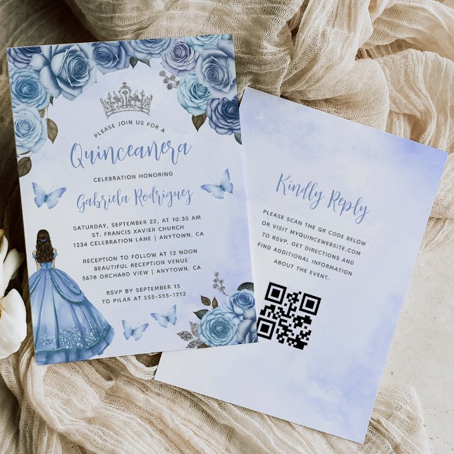 Invitation Code QR aquarelle florale argent bleu Quinceañera (Créateur téléchargé)