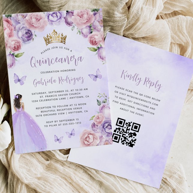 Invitation Code QR aquarelle florale teintée de pourpre pour  (Créateur téléchargé)