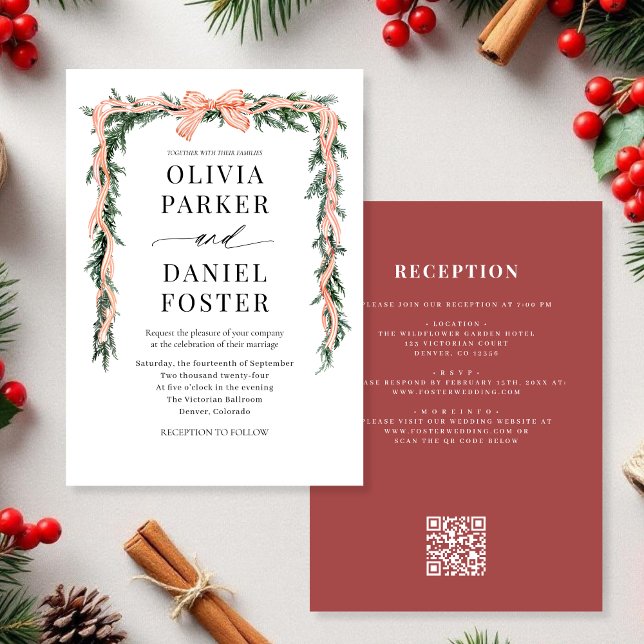 Invitation Code QR aquarelle Noël Ruban Rouge Verdure (Créateur téléchargé)
