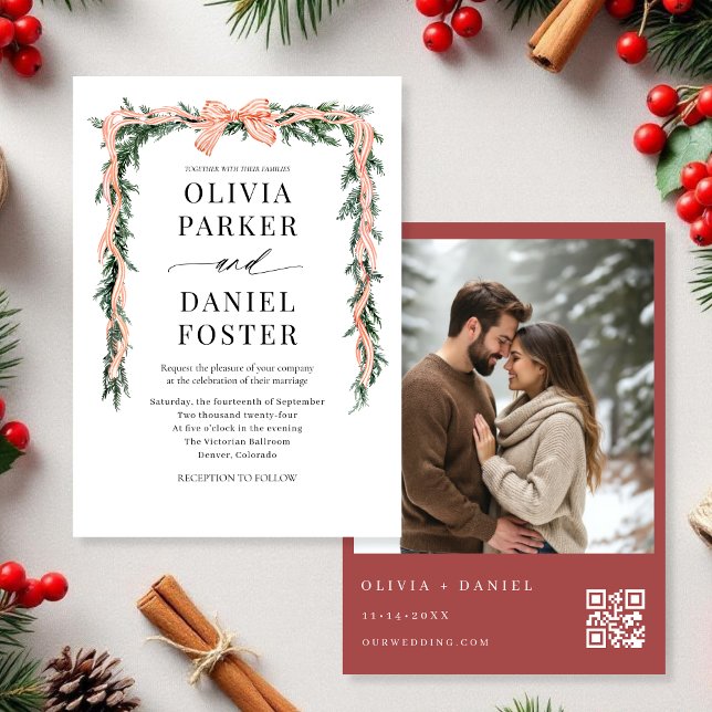 Invitation Code QR aquarelle Photo Ruban Noël Verdure (Créateur téléchargé)
