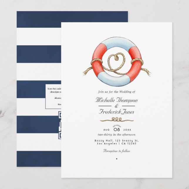 Invitation Code QR aquarelle RSVP Mariage Nautique (Devant / Derrière)