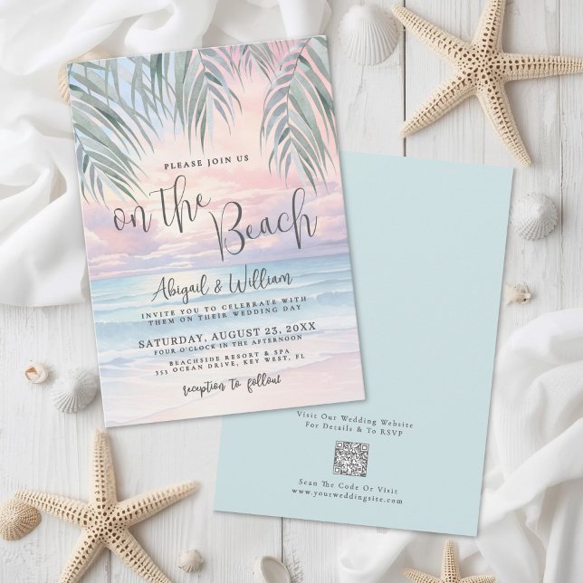 Invitation Code QR aquarelle sur le mariage à la plage (Watercolor QR Code On The Beach Wedding Invitation)