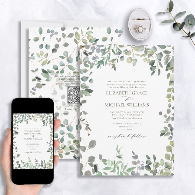 Invitation Code QR Aquarelle verte Eucalyptus Sage Formelle (Créateur téléchargé)
