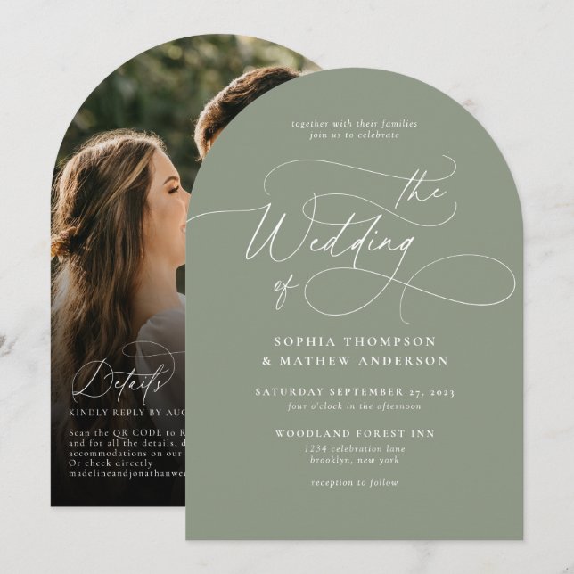 Invitation Code QR Arc de mariage photo élégant vert sauge Rs (Devant / Derrière)