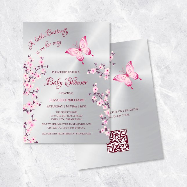 Invitation Code QR | Argent papillon | Baby shower fille (Créateur téléchargé)