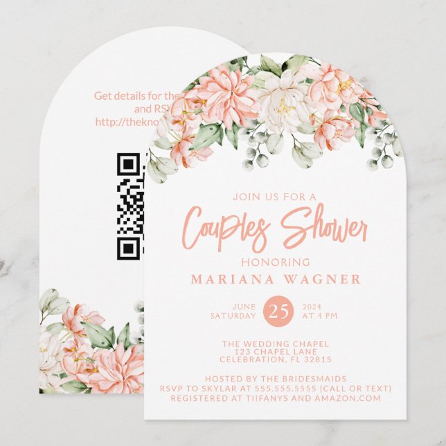 Invitation Code QR Baby Shower Couple Fleur de Pêcher  (Devant / Derrière)