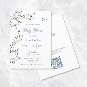 Invitation Code QR Baby shower de fleurs de cerisiers blanc