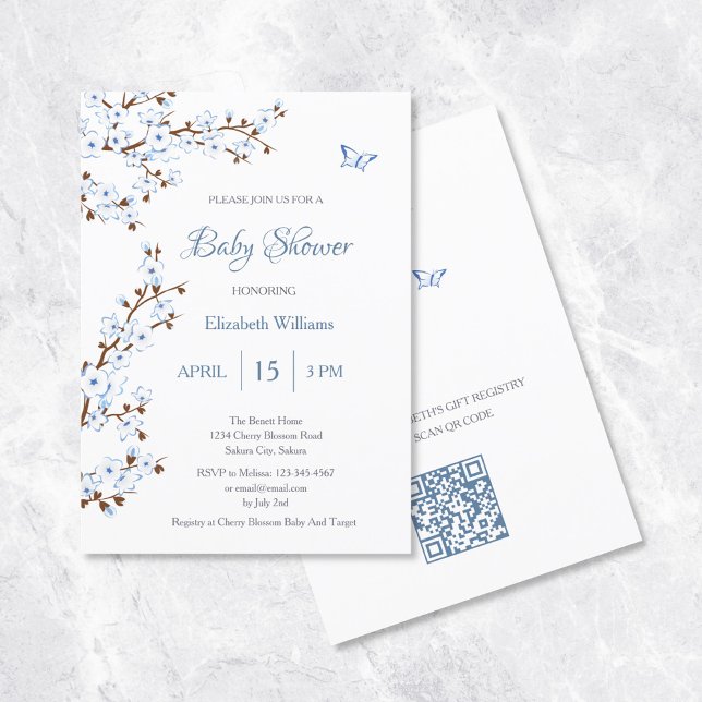 Invitation Code QR | Baby shower de fleurs de cerisiers blanc (Créateur téléchargé)