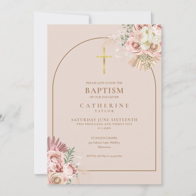 Invitation Code QR baptême fille herbe de Pampas or rose (Devant)