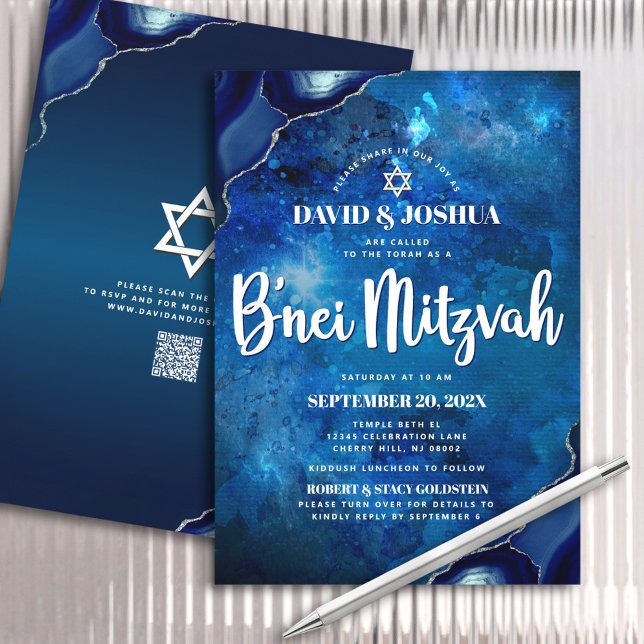 Invitation Code QR Bar Mitzvah Agate Bleu Galaxie Script (Créateur téléchargé)