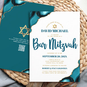 Invitation Code QR Bar Mitzvah Agate Turquoise Écriture Blanc