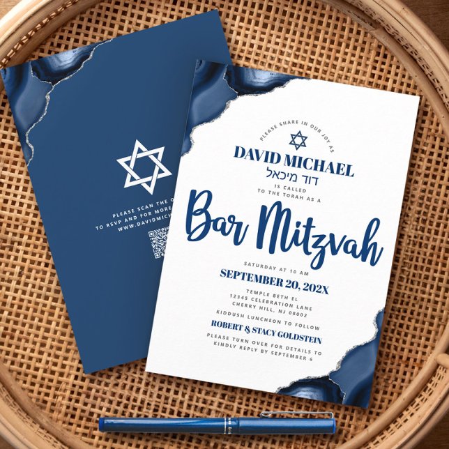 Invitation Code QR Bar Mitzvah Bleu Marine Agate Script Moder (Créateur téléchargé)