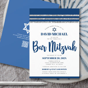 Invitation Code QR Bar Mitzvah Marine Argent Tallit Script Gr