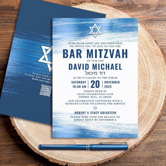 Invitation Code QR Bar Mitzvah Navy Gras Typographie Bleu Foi (Créateur téléchargé)