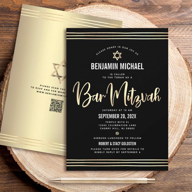 Invitation Code QR Bar Mitzvah Noir Or Script Tallit Gras (Créateur téléchargé)