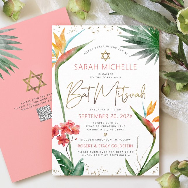 Invitation Code QR Bar Mitzvah Tropical Floral Script Or (Créateur téléchargé)