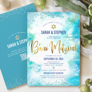 Invitation Code QR Bar Mitzvah Turquoise Aquarelle Or