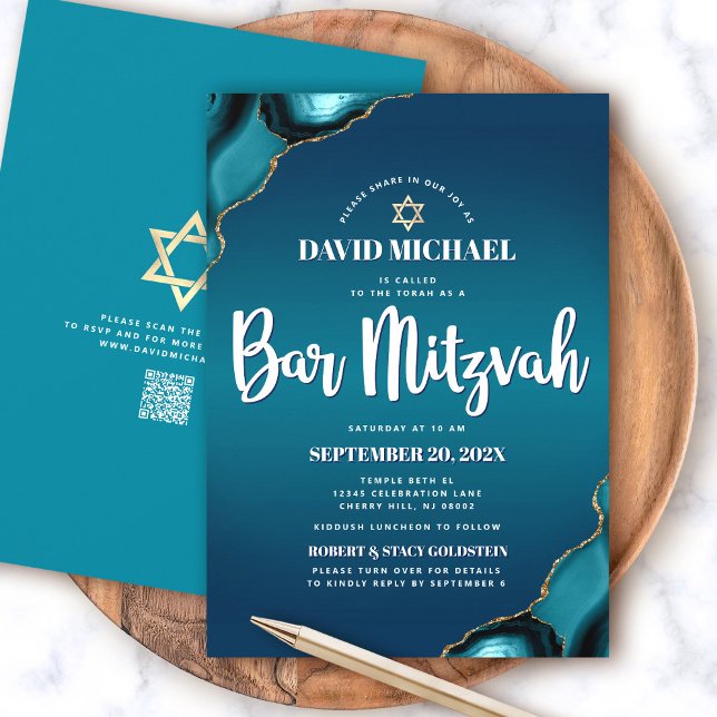 Invitation Code QR Bar Mitzvah Turquoise Ombré Agate Moderne (Créateur téléchargé)
