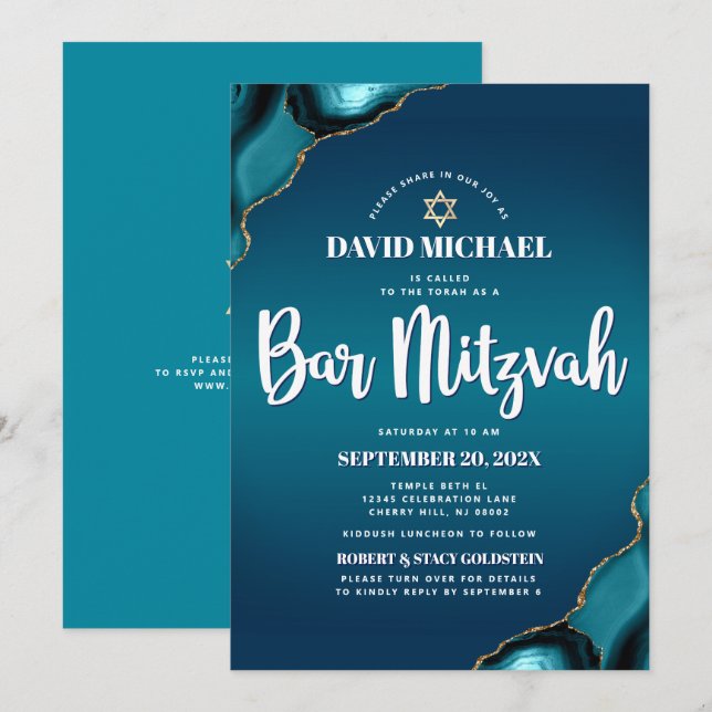 Invitation Code QR Bar Mitzvah Turquoise Ombré Agate Moderne (Devant / Derrière)