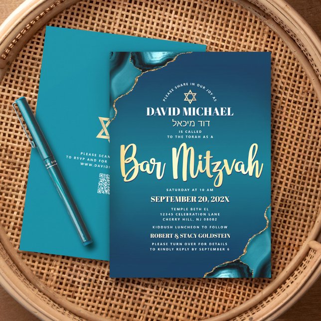 Invitation Code QR Bar Mitzvah Turquoise Ombré Agate Script (Créateur téléchargé)