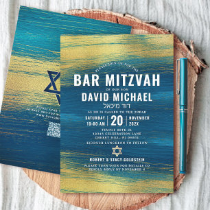 Invitation Code QR Bar Mitzvah Turquoise Or Feuille Gras Typo