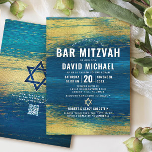 Invitation Code QR Bar Mitzvah Turquoise Or Feuille Moderne