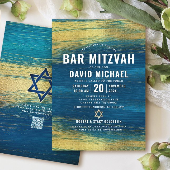 Invitation Code QR Bar Mitzvah Turquoise Or Feuille Moderne (Créateur téléchargé)
