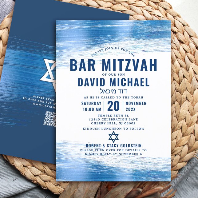 Invitation Code QR Bar Mitzvah Typographie Navy Blue Feuille  (Créateur téléchargé)