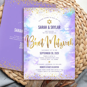 Invitation Code QR Bar Mitzvah Violet Aquarelle Feuille D'or