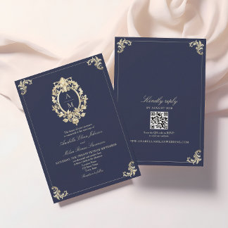 Invitation Code QR Baroque Bleu Nuit Mariage