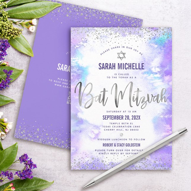 Invitation Code QR Bat mitzvah Aquarelle violet Silver Foil (Créateur téléchargé)