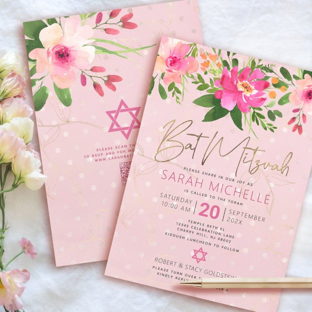 Invitation Code QR Bat Mitzvah Floral Rose Paillet Or Script (Créateur téléchargé)