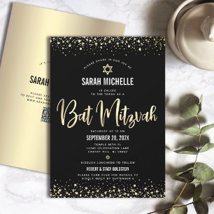 Invitation Code QR Bat Mitzvah Moderne Noir Paillettes Or Feu