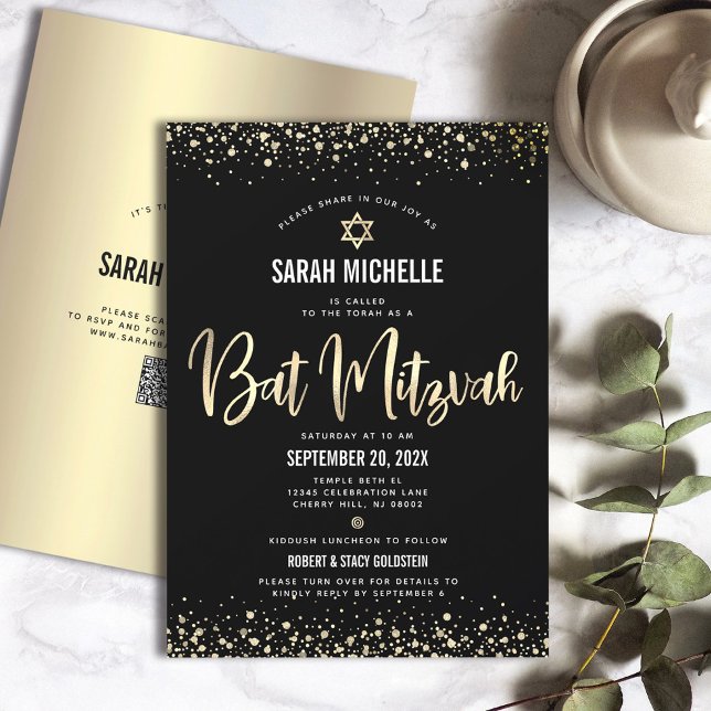 Invitation Code QR Bat Mitzvah Moderne Noir Paillettes Or Feu (Créateur téléchargé)