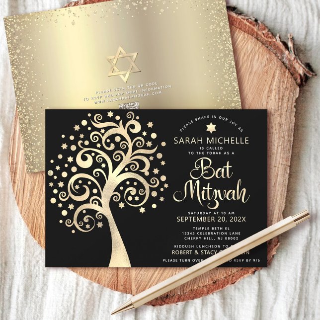 Invitation Code QR Bat Mitzvah Noir Or Arbre de Vie Script (Créateur téléchargé)