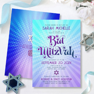 Invitation Code QR Bat Mitzvah Rétro Dégradé Bleu Violet Amus