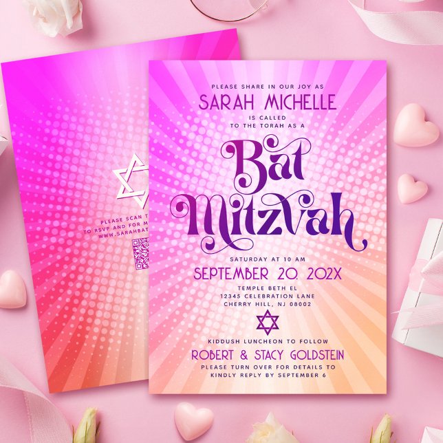 Invitation Code QR Bat Mitzvah Rétro Rose Orange Dégradé Amus (Créateur téléchargé)