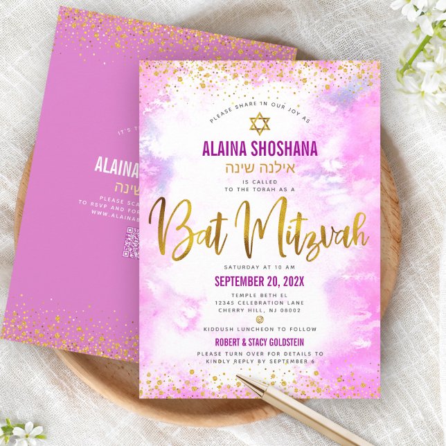 Invitation Code QR Bat Mitzvah Rose Aquarelle Écriture Dorée (Créateur téléchargé)
