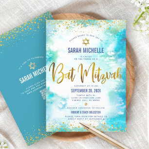 Invitation Code QR Bat Mitzvah Turquoise Aquarelle Feuille d'