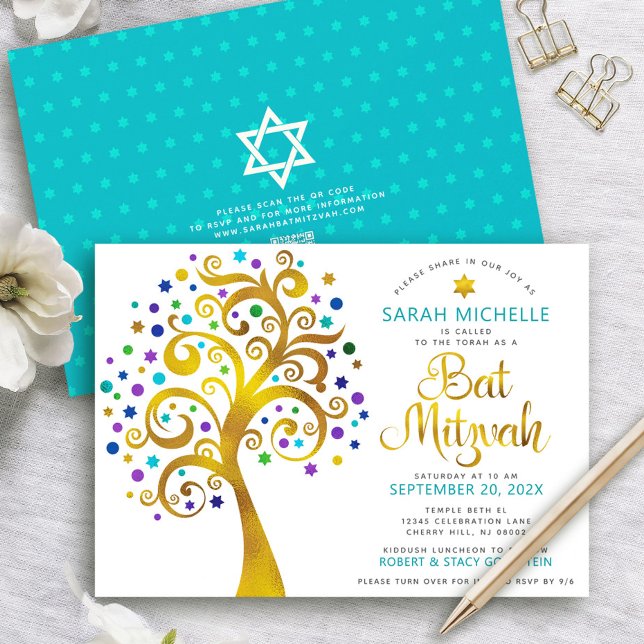 Invitation Code QR Bat Mitzvah Turquoise Or Arbre de Vie (Créateur téléchargé)
