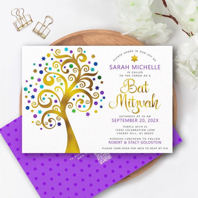 Invitation Code QR Bat Mitzvah Violet Or Arbre de Vie Gras (Créateur téléchargé)