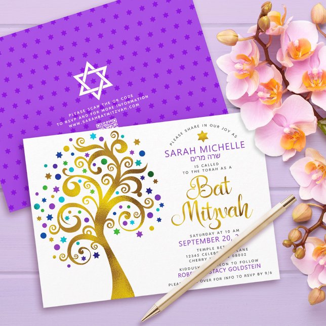 Invitation Code QR Bat Mitzvah Violet Or Gras Arbre de Vie (Créateur téléchargé)