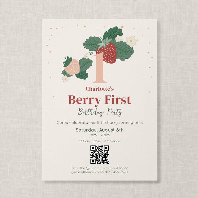 Invitation Code QR Berry Premier Anniversaire Héritage Fraise (Strawberry Garden - Berry First Birthday Invitation with QR Code)