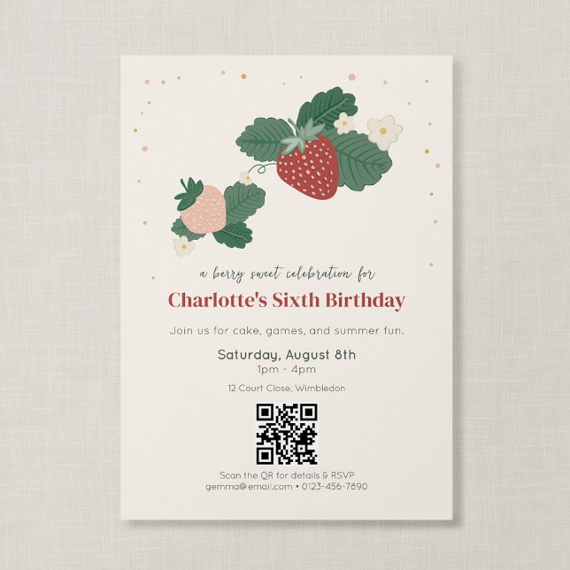 Invitation Code QR Berry Sweet Anniversaire de la Fraise (Strawberry Garden - QR Code Birthday Invitation, Front)