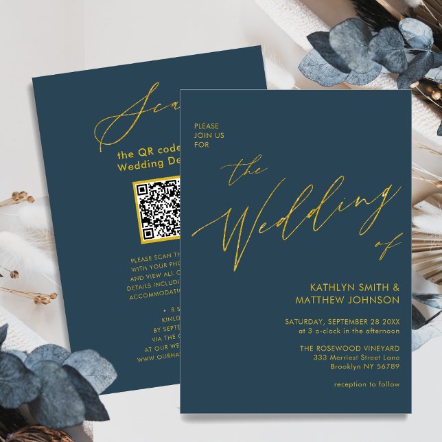 Invitation Code QR bleu Dusty tout en un Mariage de script or (Créateur téléchargé)