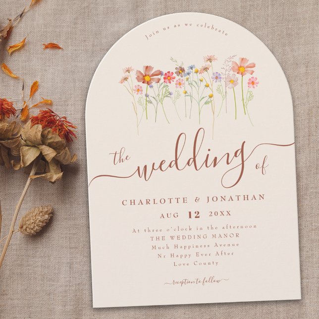 Invitation Code QR Bohème Fleur Sauvage Automne Beige Terraco (Wildflower meadow boho fall floral beige terracotta Wedding arch invitation elegant modern script )